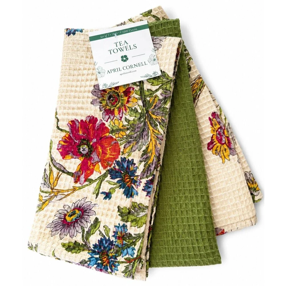 April Cornell Wildflowers Dish Towels Set of 3 Beige Green Floral Waffle Weave